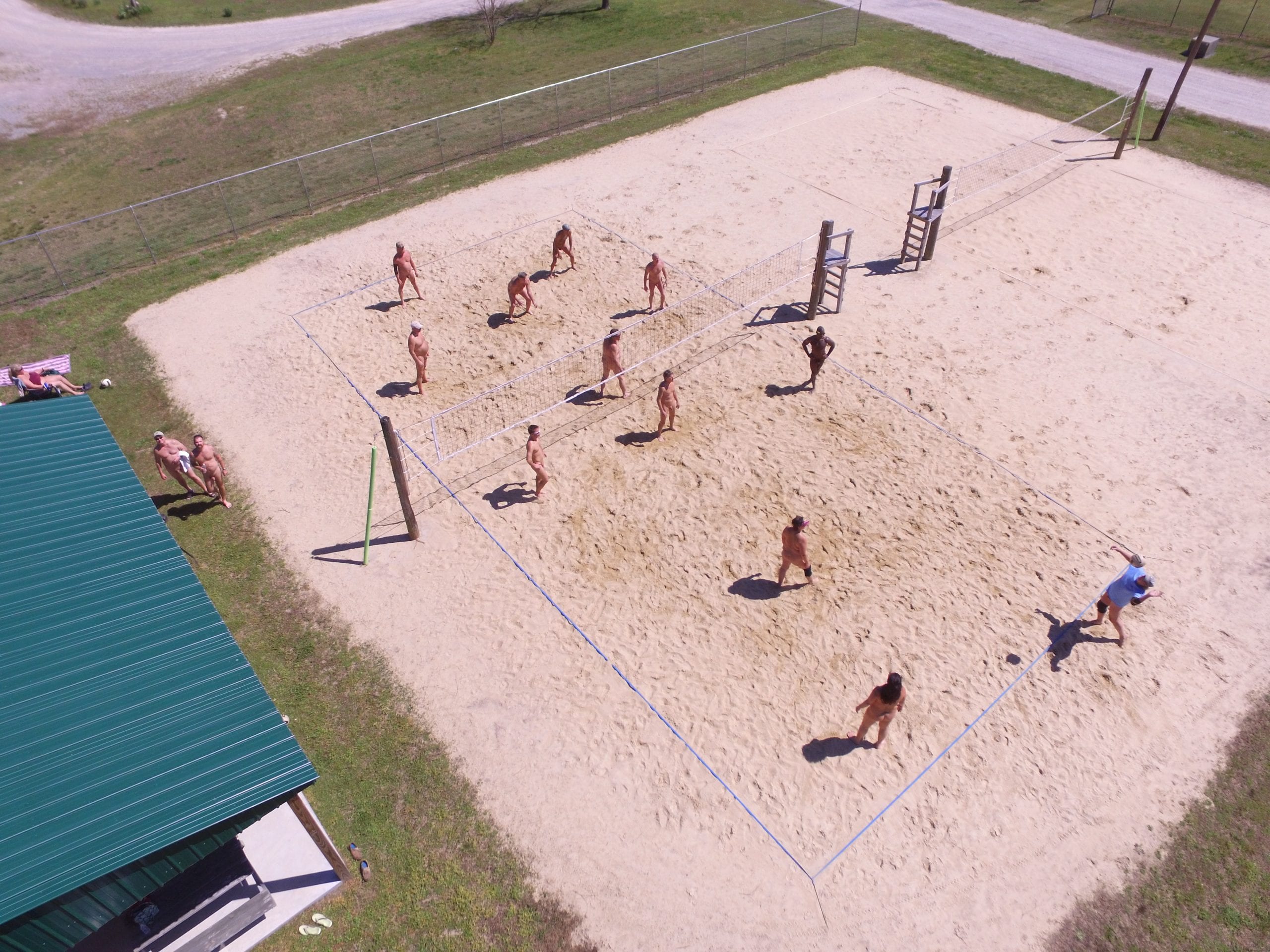 Overhead view of beach volleyball court